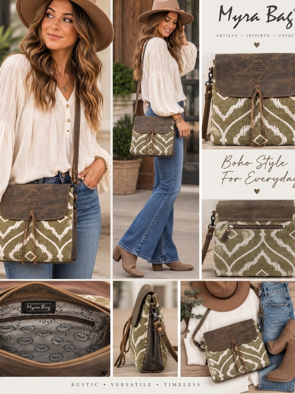 Myra Bag Boho Western Crossbody Purse Olive Green Woven Leather